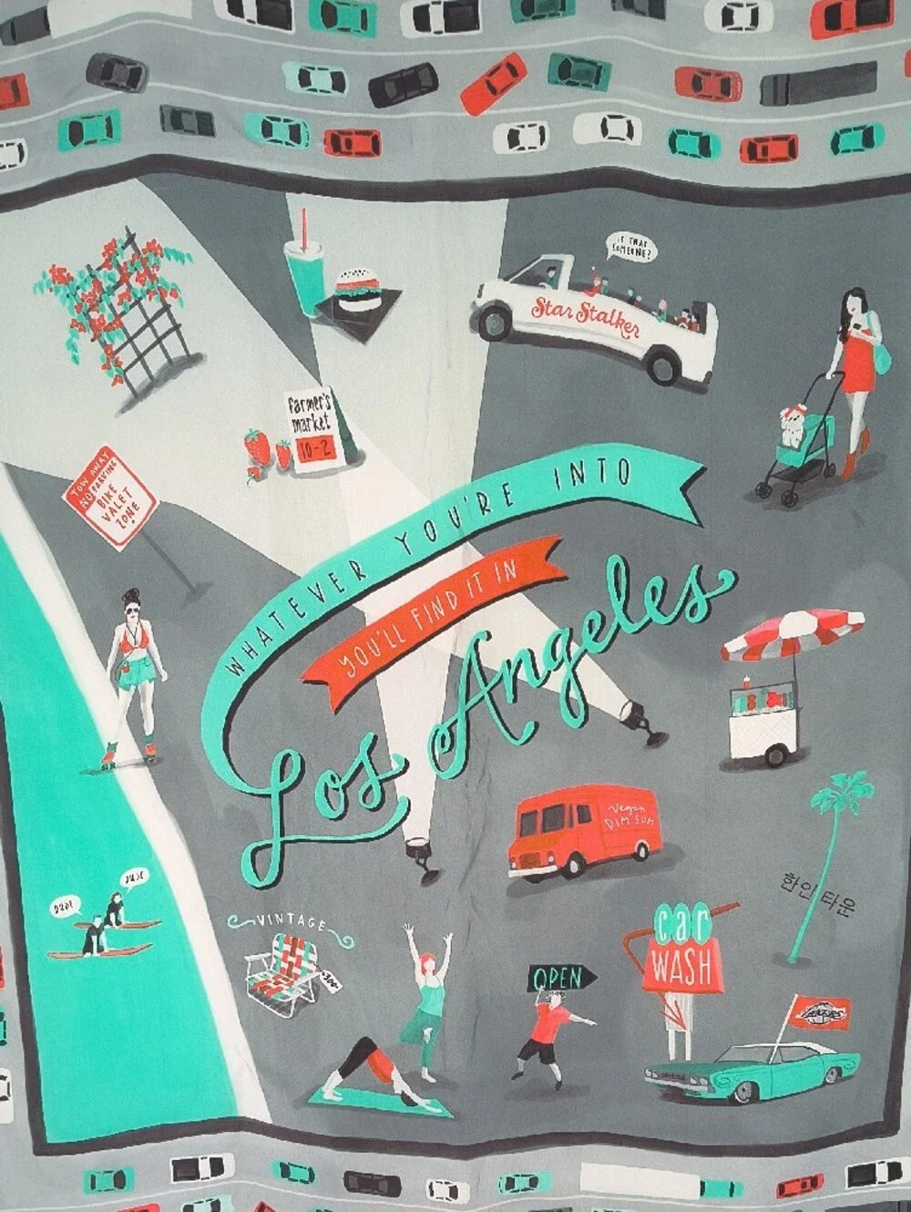 Emily Ross Los Angeles Graphic Square Scarf in Teal & Gray Silk